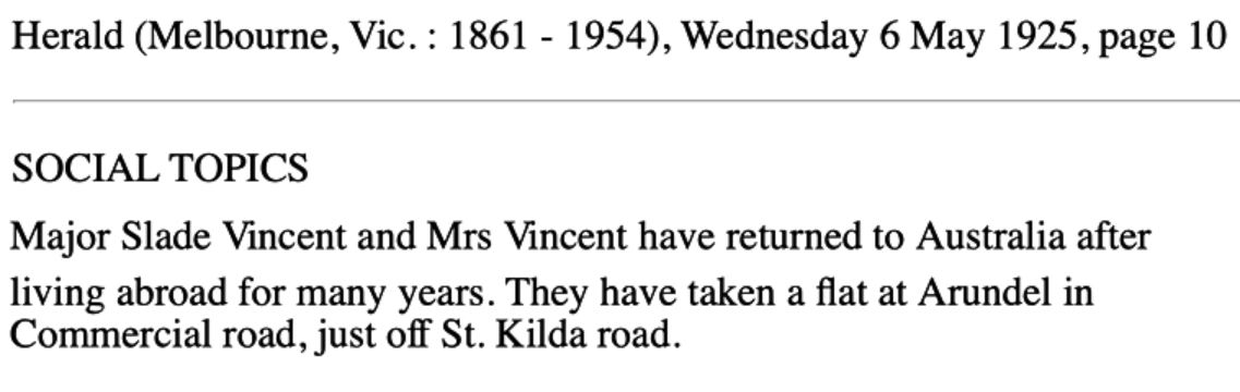 Major Vincent and Emily Alice return from England